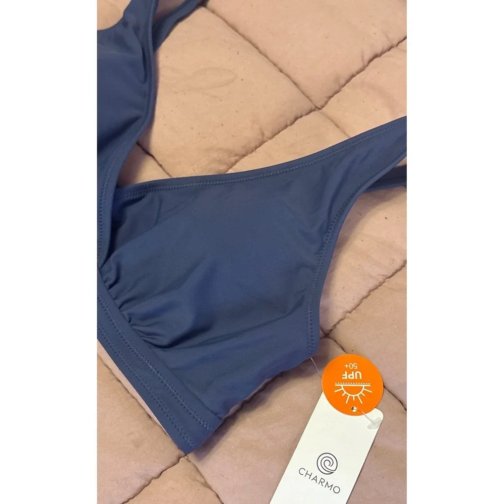 NEW Charmo Blue Bikini Top Women's‎ Medium V-Neck Swim Top Adjustable Straps